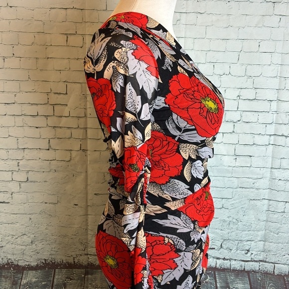 Diane Von Furstenburg Ruched One Sleeve Floral Mesh Dress Boswell Black 6 Sexy - Picture 8 of 16